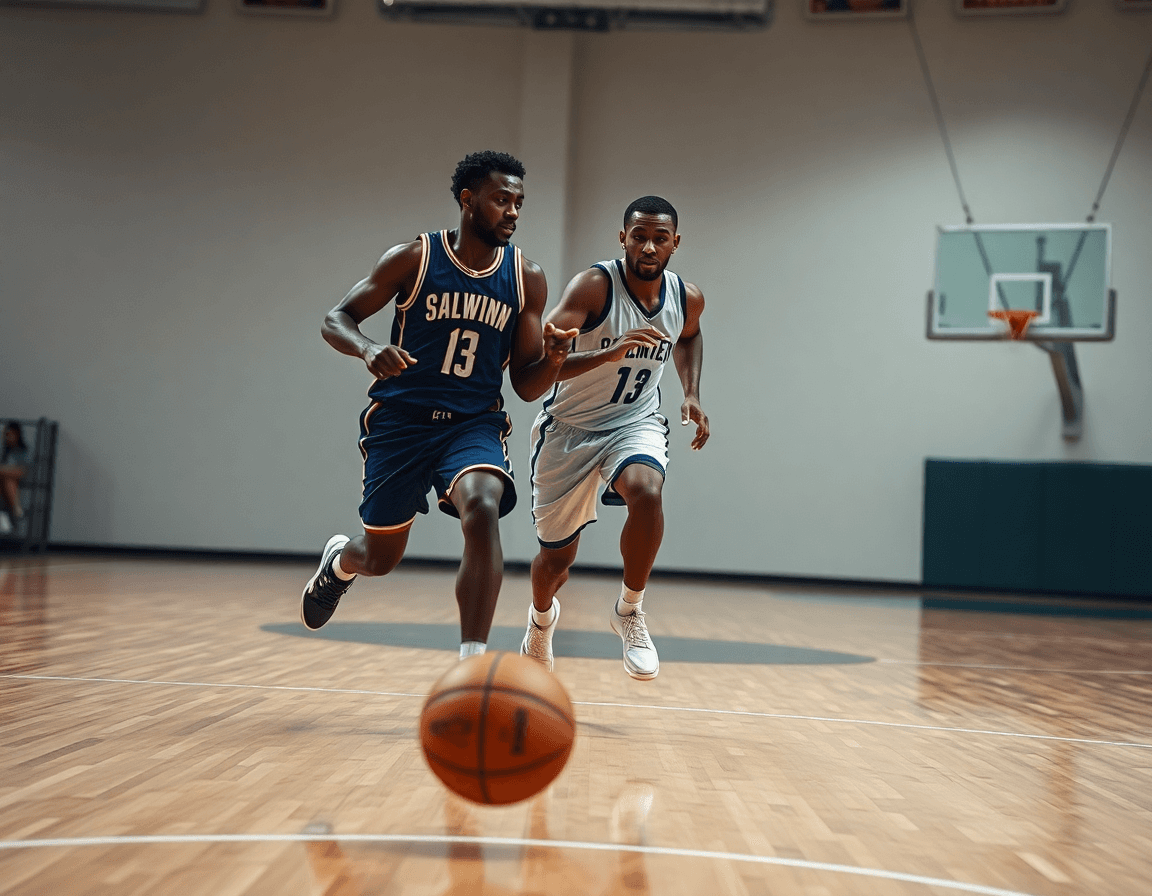 Two players practice a quick give-and-go on the basketball court.