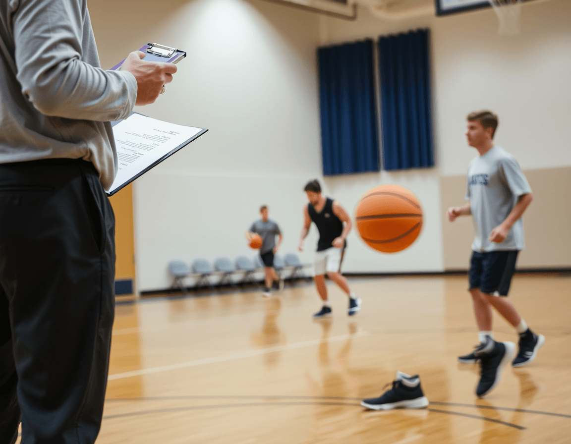 Close-up coach directing a basketball drill as players dribble an orange basketball.