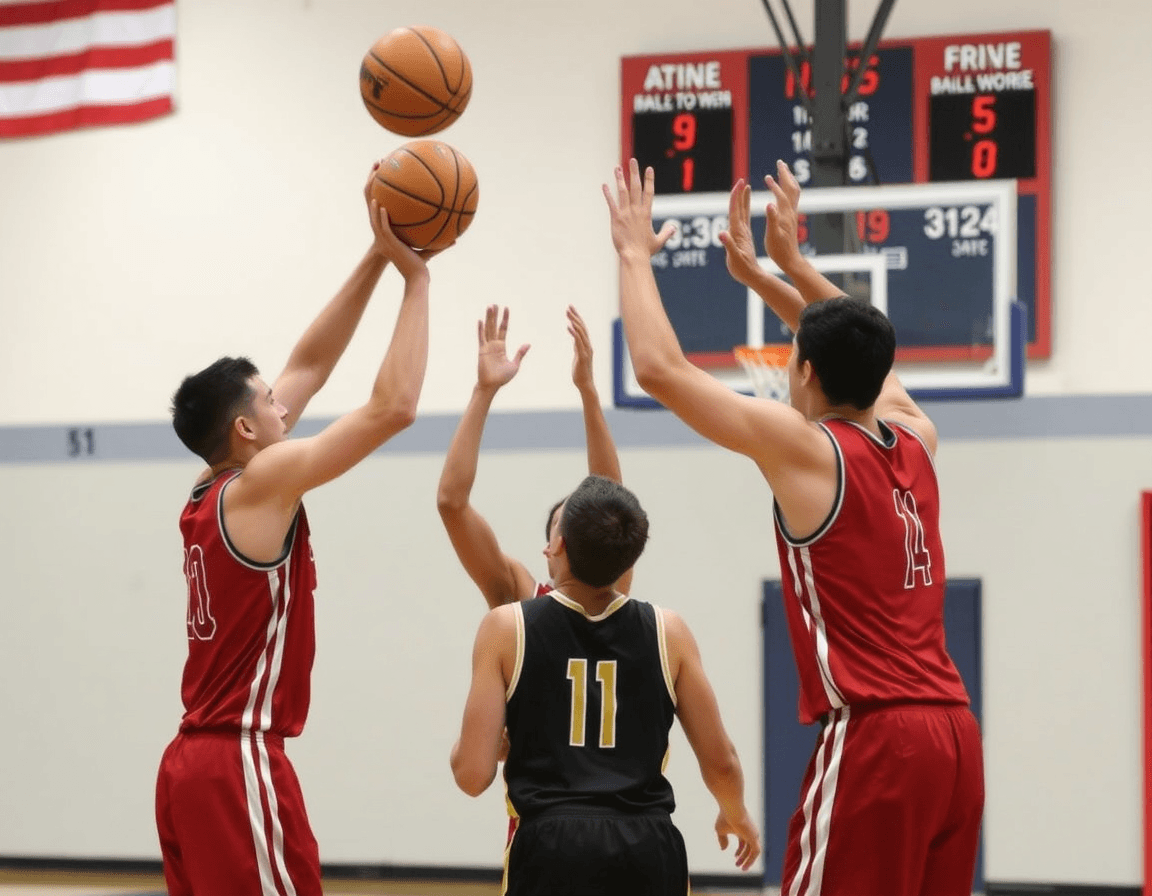 Two players set a screen as a teammate catches a basketball pass near the top of the key.