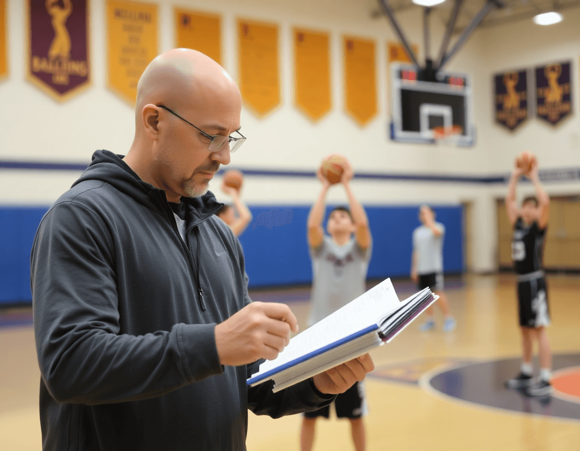 Coach reviews scouting notes on a tablet while players practice basketball free throws in a basketball gym.