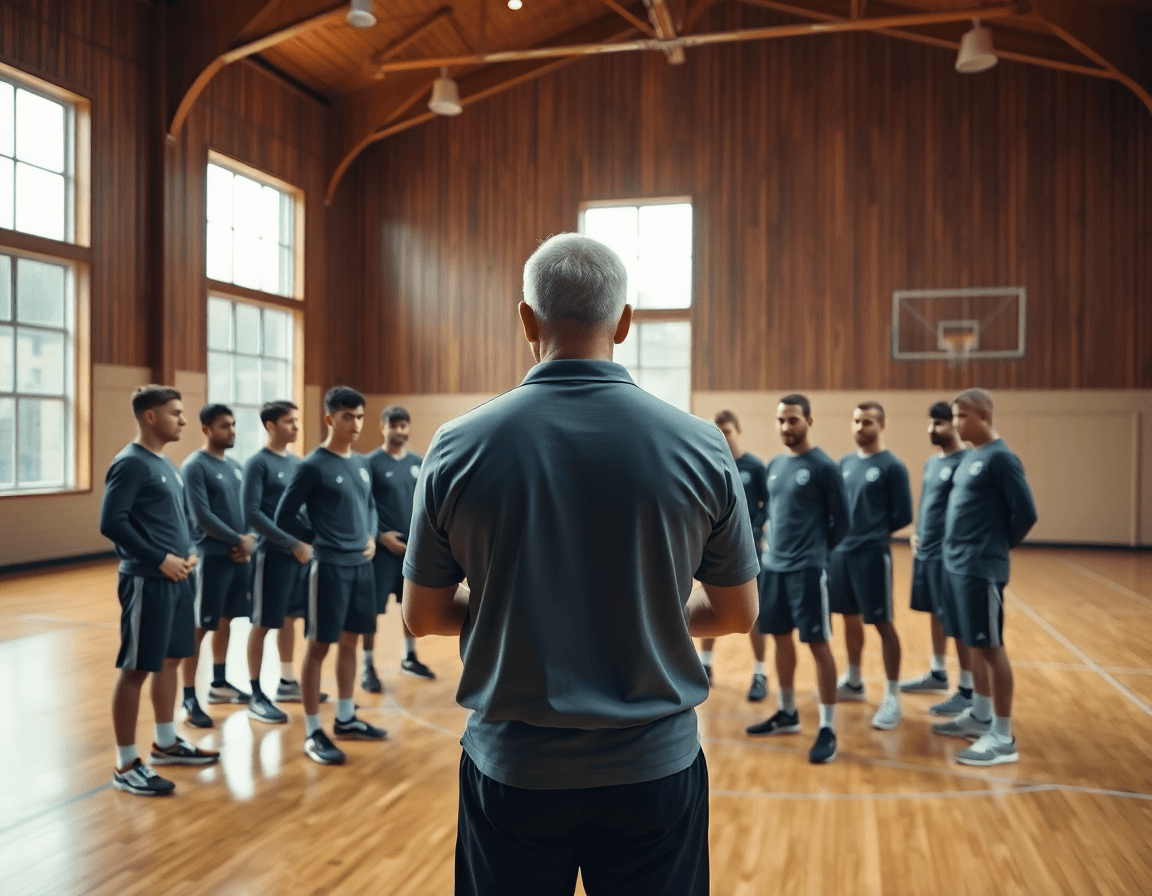 Wide basketball gym scene with a coach guiding drills and free basketball coaching software concepts in action.