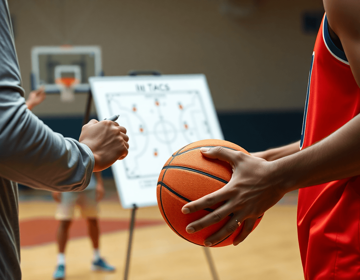 Close-up of hands on an orange basketball during free basketball drills on a hardwood court.