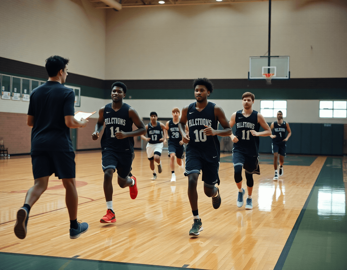 Players sprint along the hardwood court during free basketball drills.