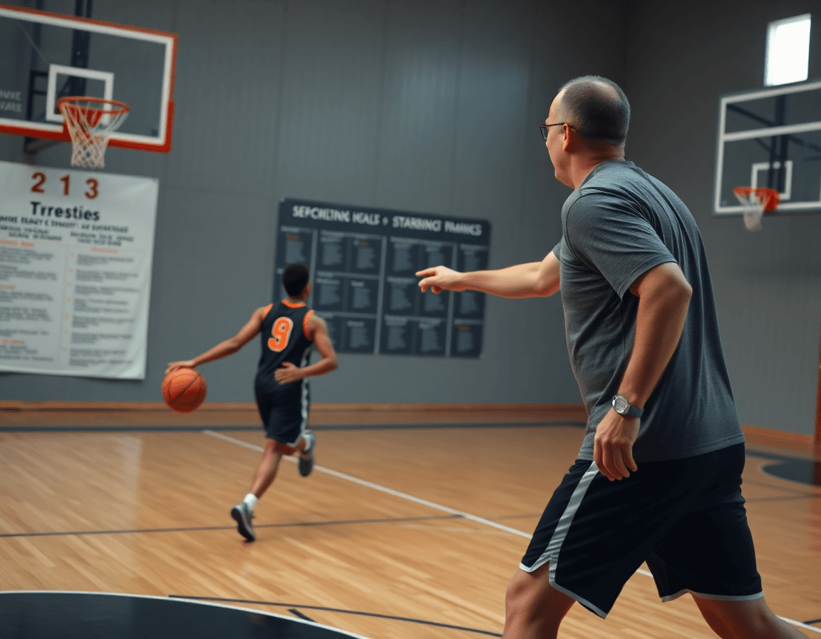 Ball handler driving to the basket during free basketball drills on a hardwood court.