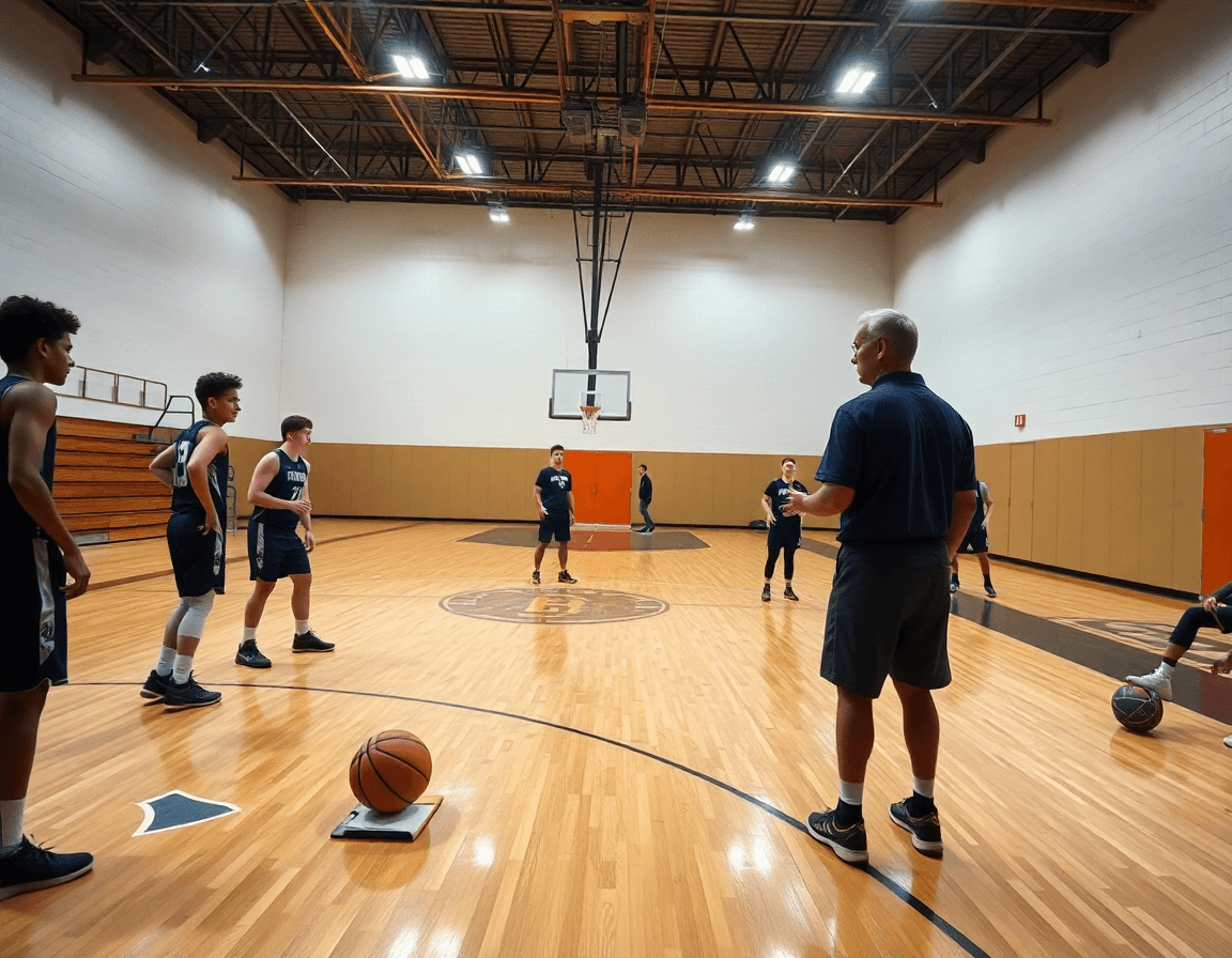 Wide shot of a coach guiding players through free basketball drills on a bright hardwood court.