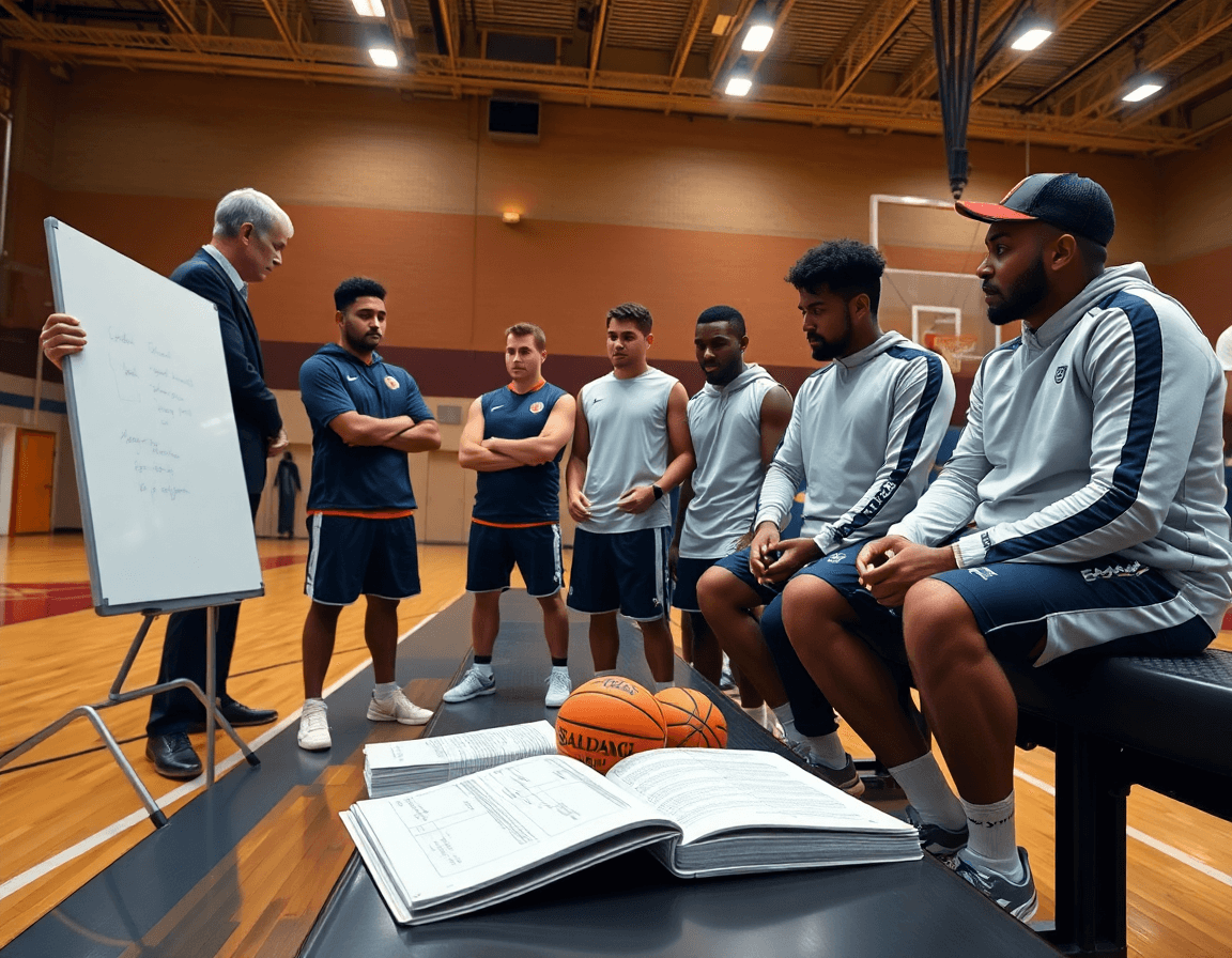 Coach with tablet and players around a whiteboard on a hardwood basketball court, free basketball play designer.