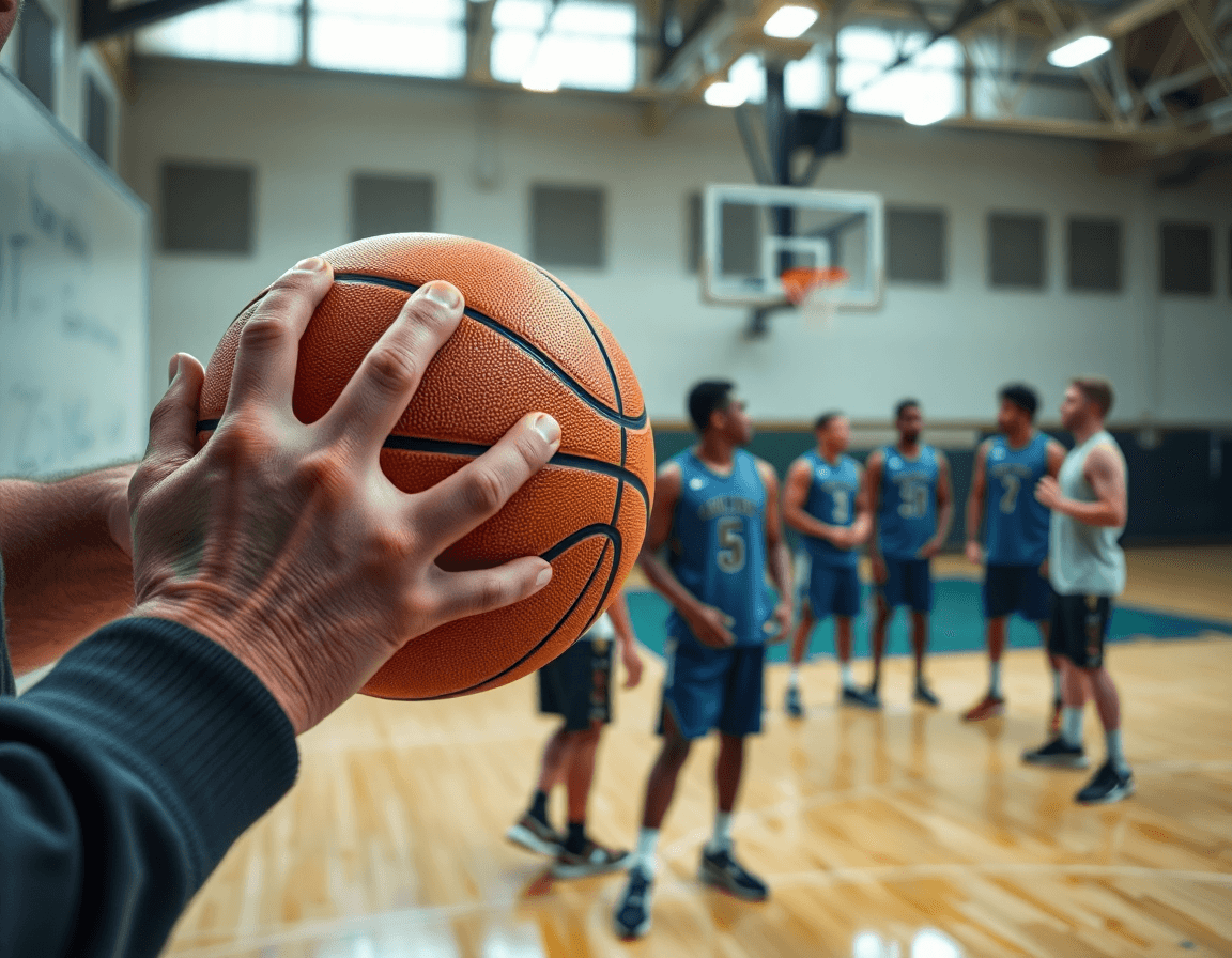 Close-up on hands guiding a basketball near a whiteboard, with players and the free basketball play designer visible.