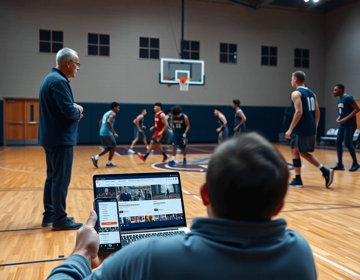 Coach distributes free basketball play designer playlists on a laptop as players watch basketball clips.