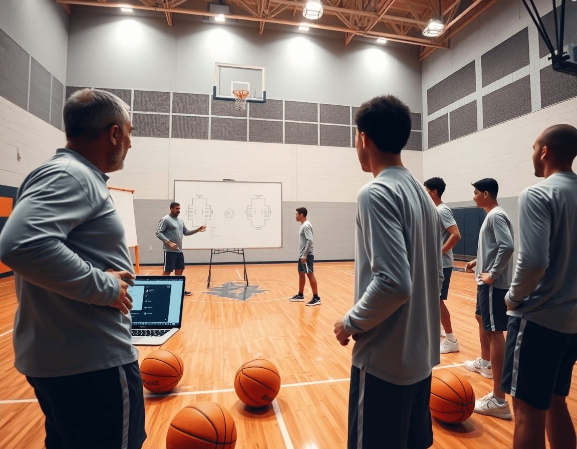 Wide basketball gym scene with coach, players, hardwood court, and a free basketball play designer.