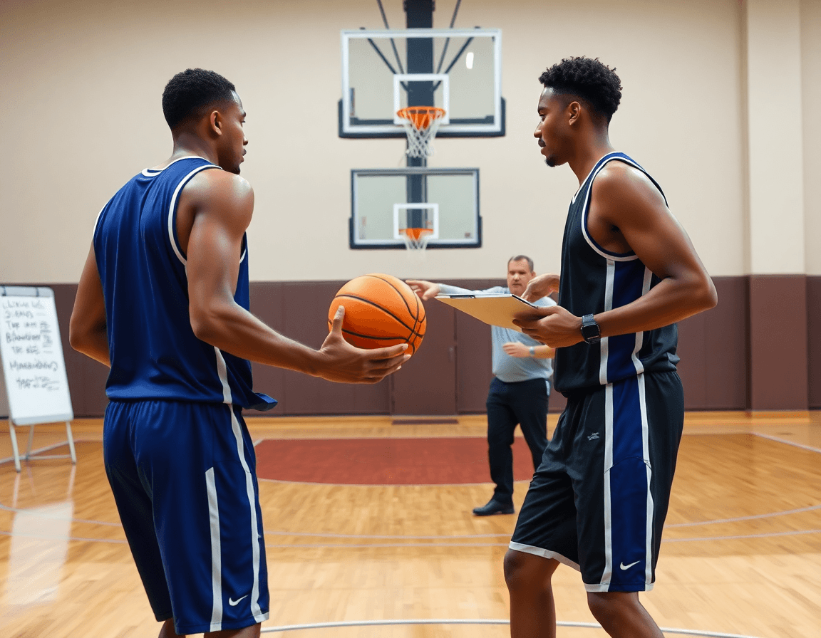 Two players execute a tight read-and-react drill while free basketball playbook software sits on the bench.