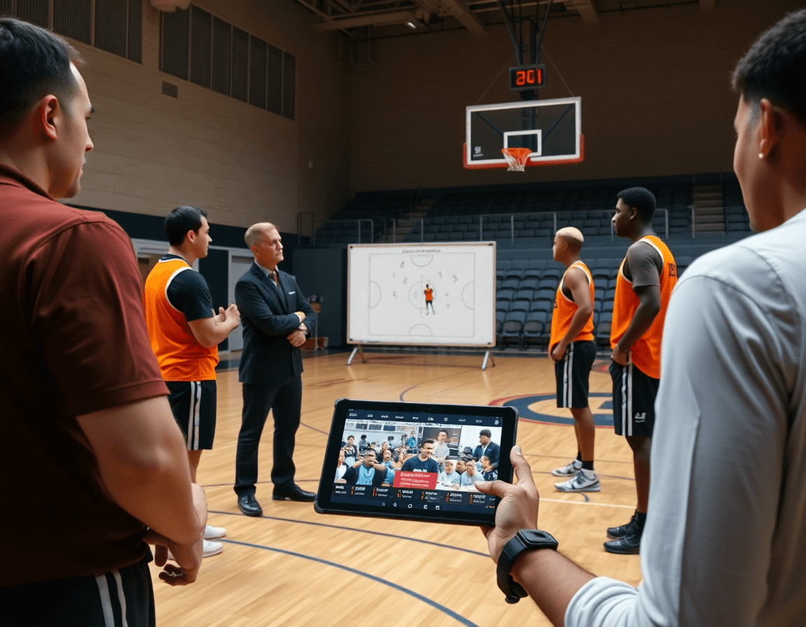 Staff and players review basketball plays with free basketball playbook software guiding discussion.