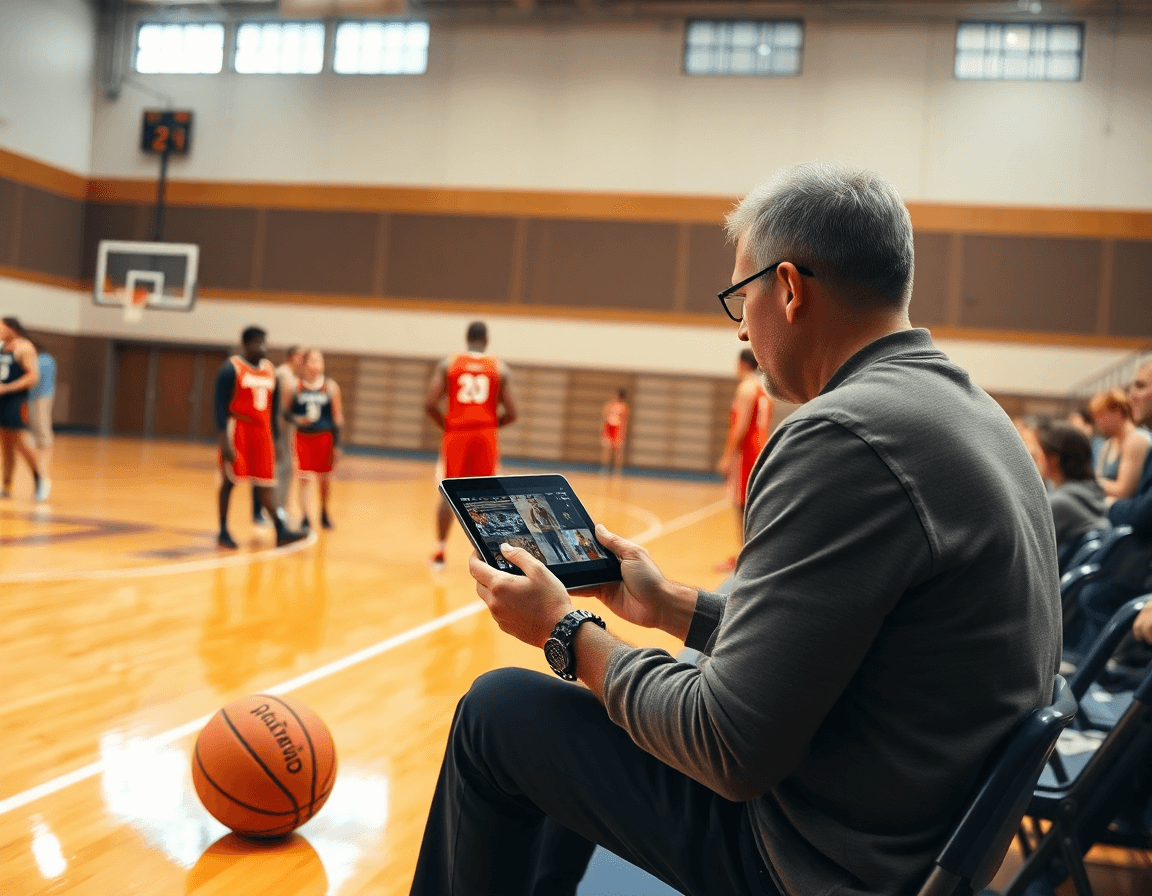 Video review on a tablet with free basketball playbook software guiding adjustments on court.