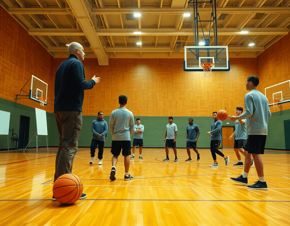 Wide gym scene with a coach using free basketball playbook software to guide a basketball team.