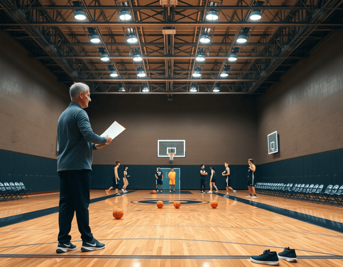 Shell drill session with a coach reviewing free basketball plays software concepts during practice.