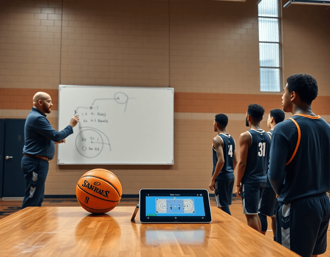 Hands-on session shows free basketball plays software on a tablet beside the whiteboard.