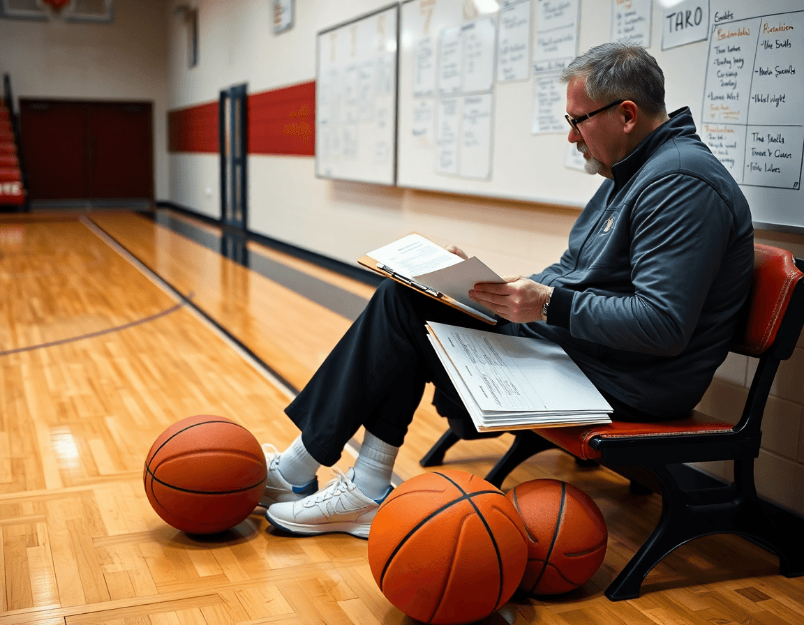 Coaches compare free basketball plays software notes with scouting sheets during practice.
