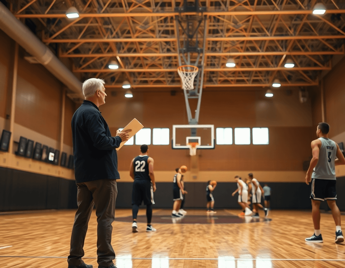 Wide cinematic basketball gym scene showing free basketball plays software planning in action.