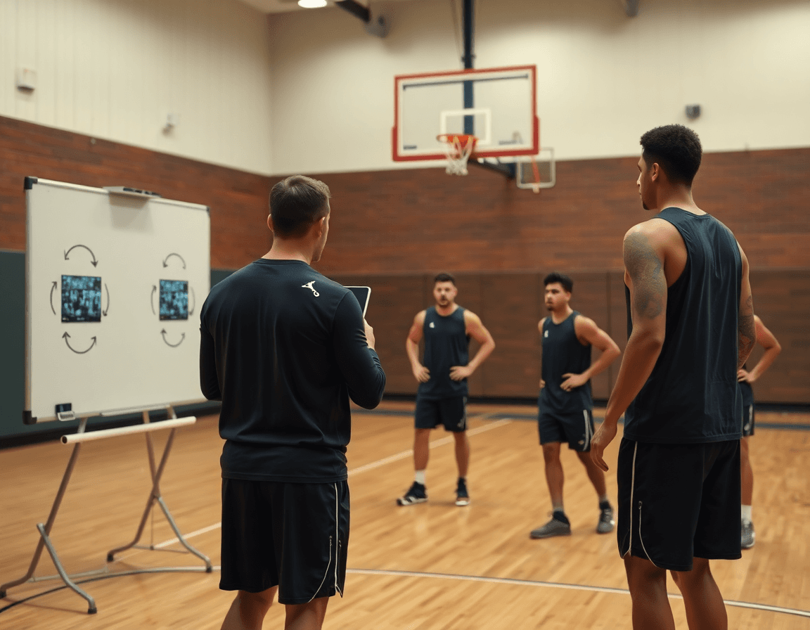 Coach uses video clips to teach free basketball plays on a whiteboard.