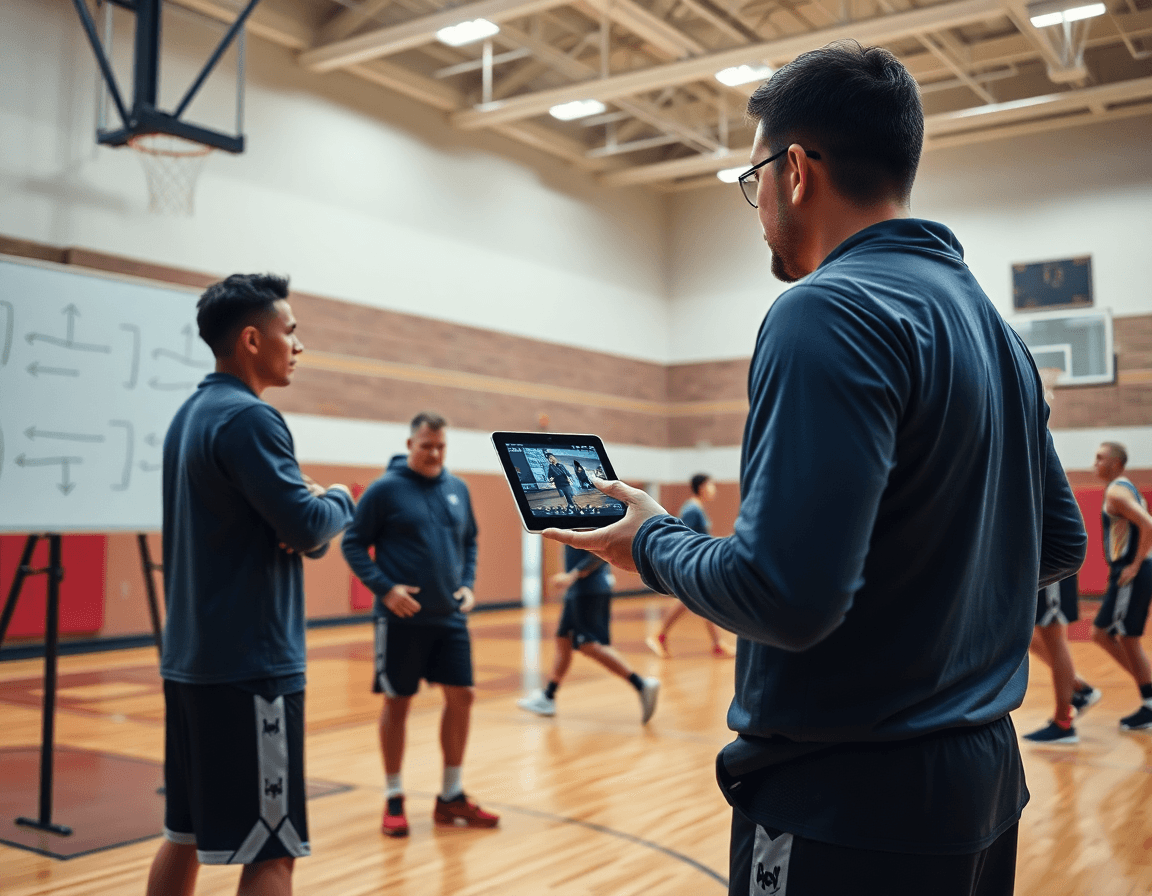 Coach demonstrates free basketball plays with a whiteboard and tablet during a focused drill.