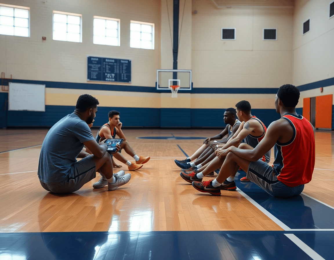 Players watch a playlist of free basketball plays during a bench-side session.