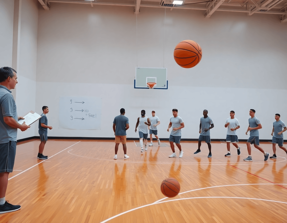Wide gym scene showing free basketball plays being taught during a training session.