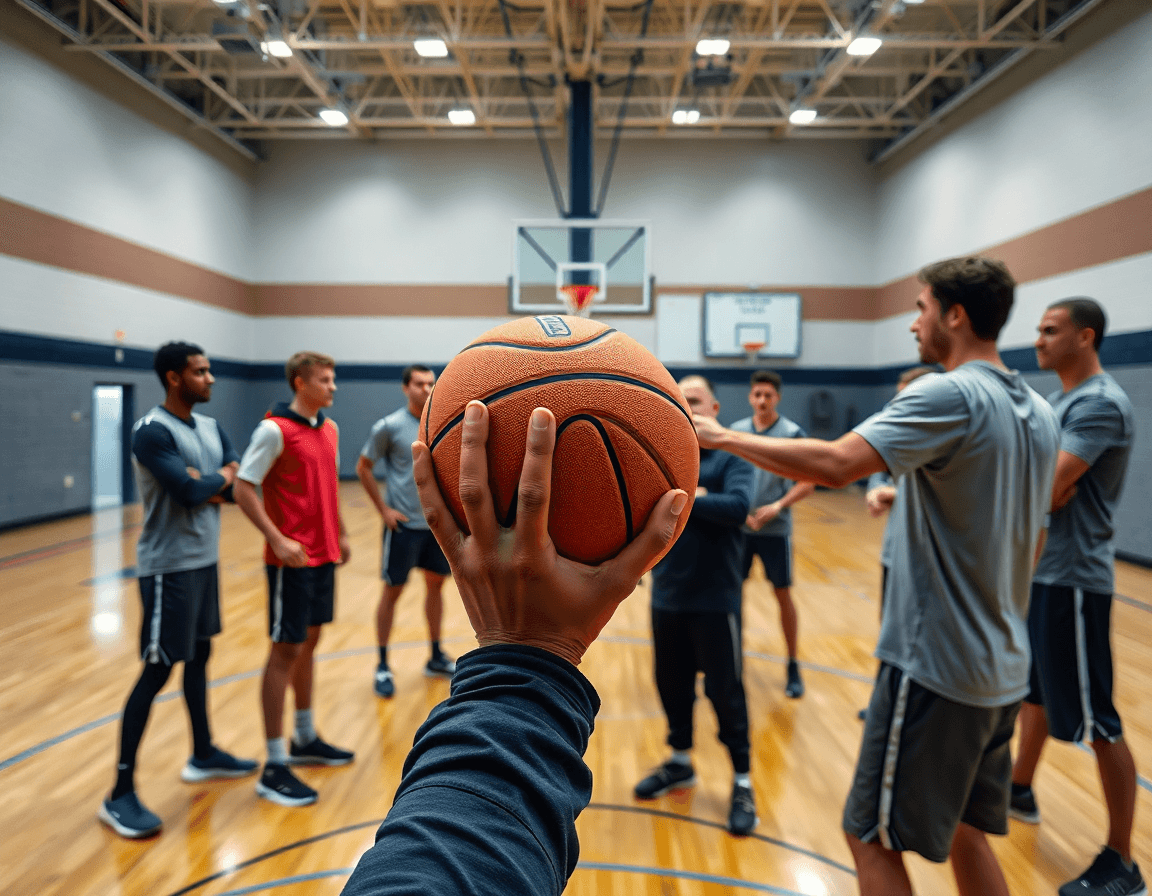 Close-up hands passing an orange basketball during a free basketball practice plan template drill.