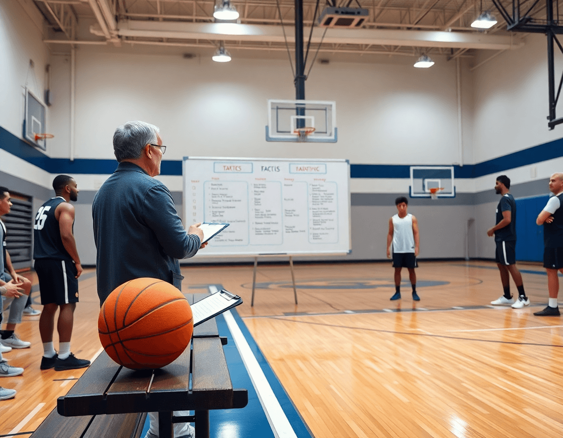 Coach explains weekly plan from free basketball practice plan template beside the whiteboard.