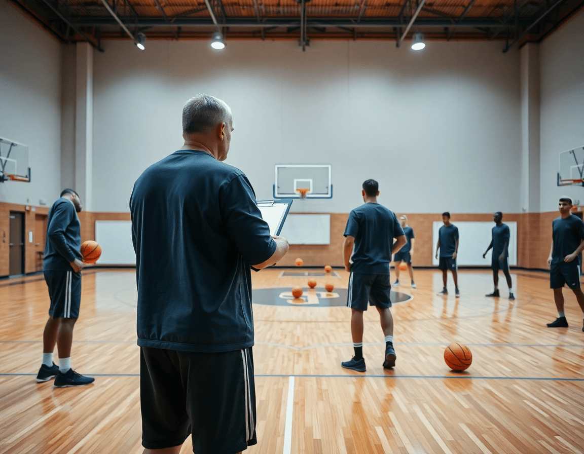 Wide shot of basketball gym with coach and team during a free basketball practice plan template drill.
