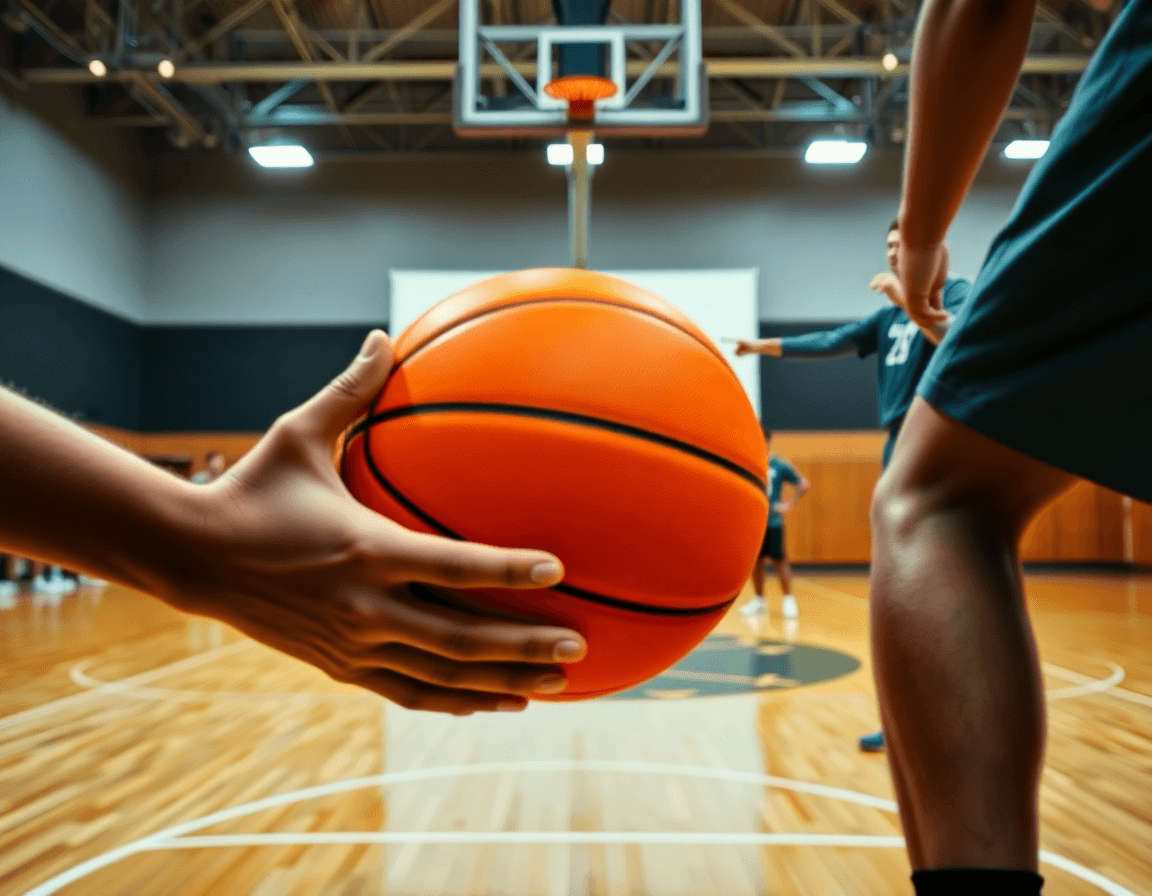Close-up of dribbling hands with a free basketball practice planner in view.