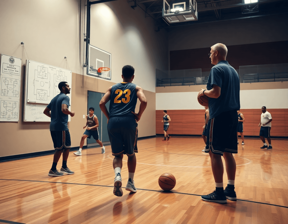 Medium shot of players executing a basketball play with the free basketball practice planner nearby.