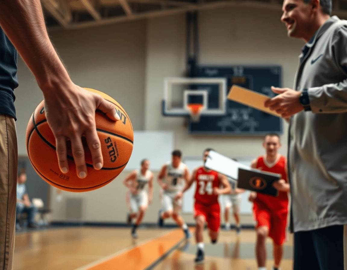 Close-up on hands passing a basketball as the coach gestures to a tactic, free basketball practice planner referenced.