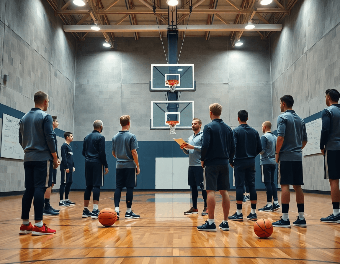 Wide basketball gym scene showing coach and team with a free basketball practice planner in view.