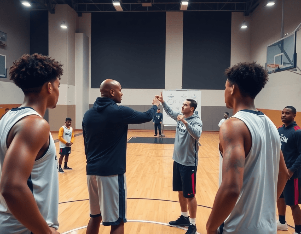 Two players run a basketball drill while the coach uses a whiteboard and free basketball scouting software.