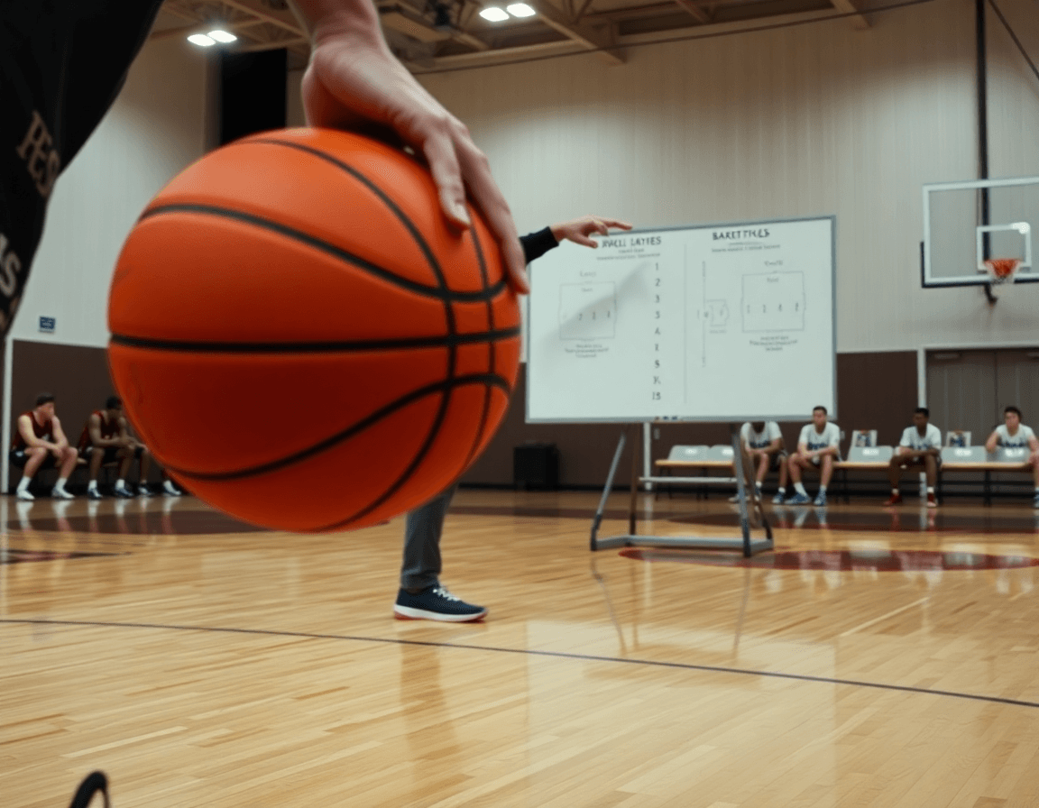 Close-up of hands dribbling a basketball as the coach sketches basketball plays for free basketball scouting software.