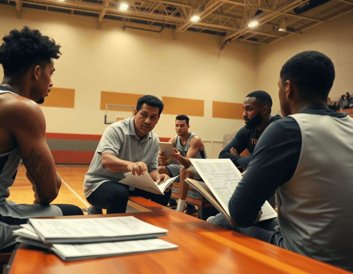 Coach reviews opponent scouting notes with players while a basketball playbook rests on the bench, basketball sheets visible.
