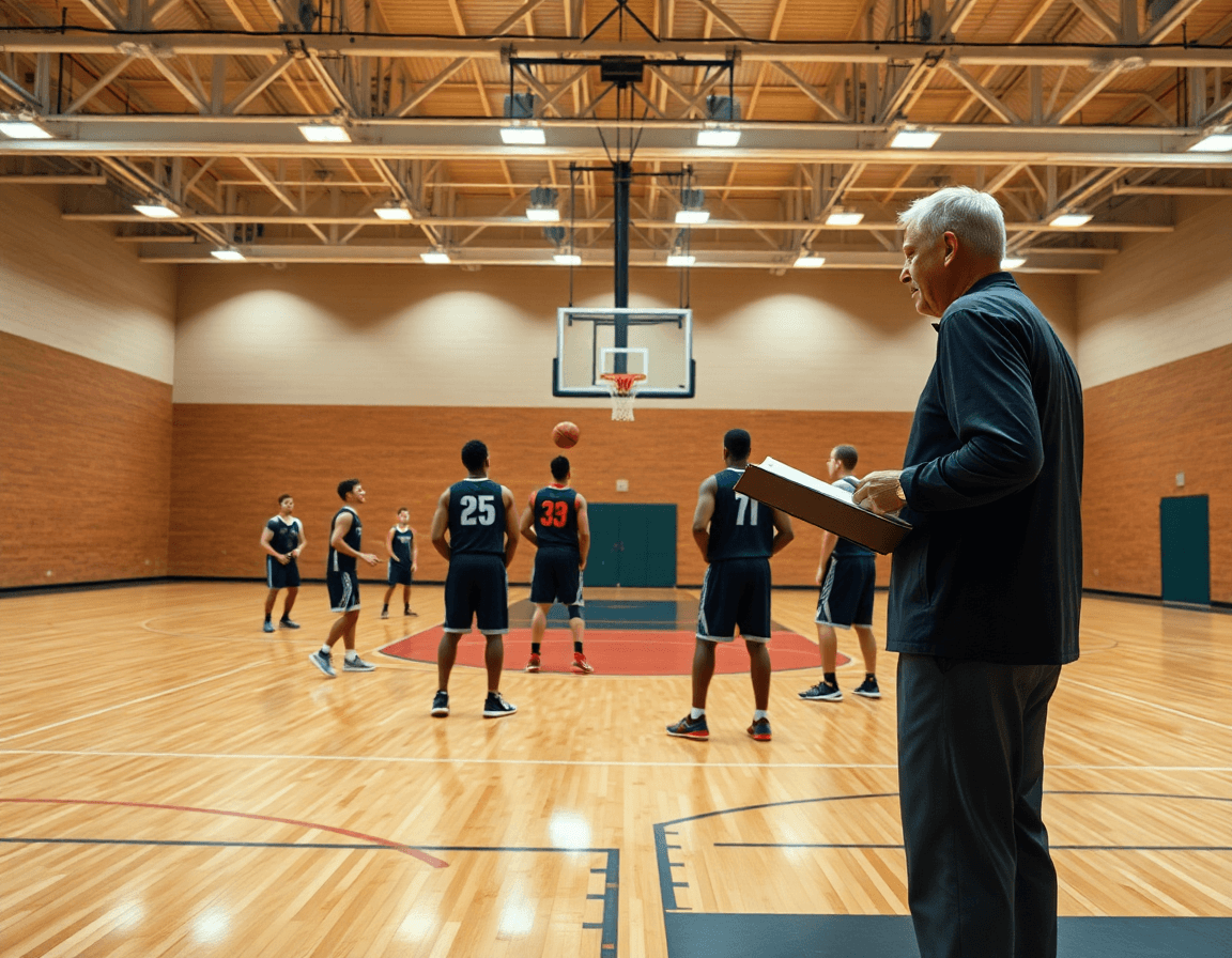Wide basketball gym scene with coach on the sideline and players mid-practice on a hardwood basketball court.