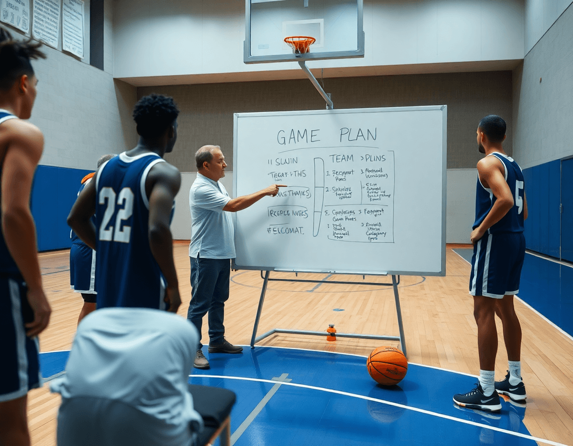 Coach defines the team's game plan basketball identity around a whiteboard on the hardwood.