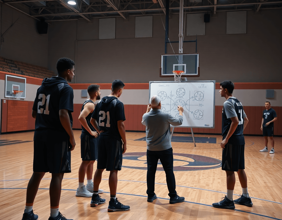 Coach sketches plays on a whiteboard as players study the hardwood basketball court under lights.
