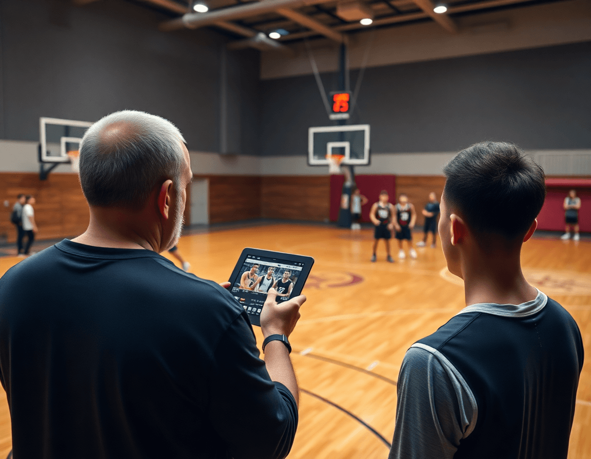 Coach reviews game clips on a tablet while players watch the hardwood basketball court during practice.