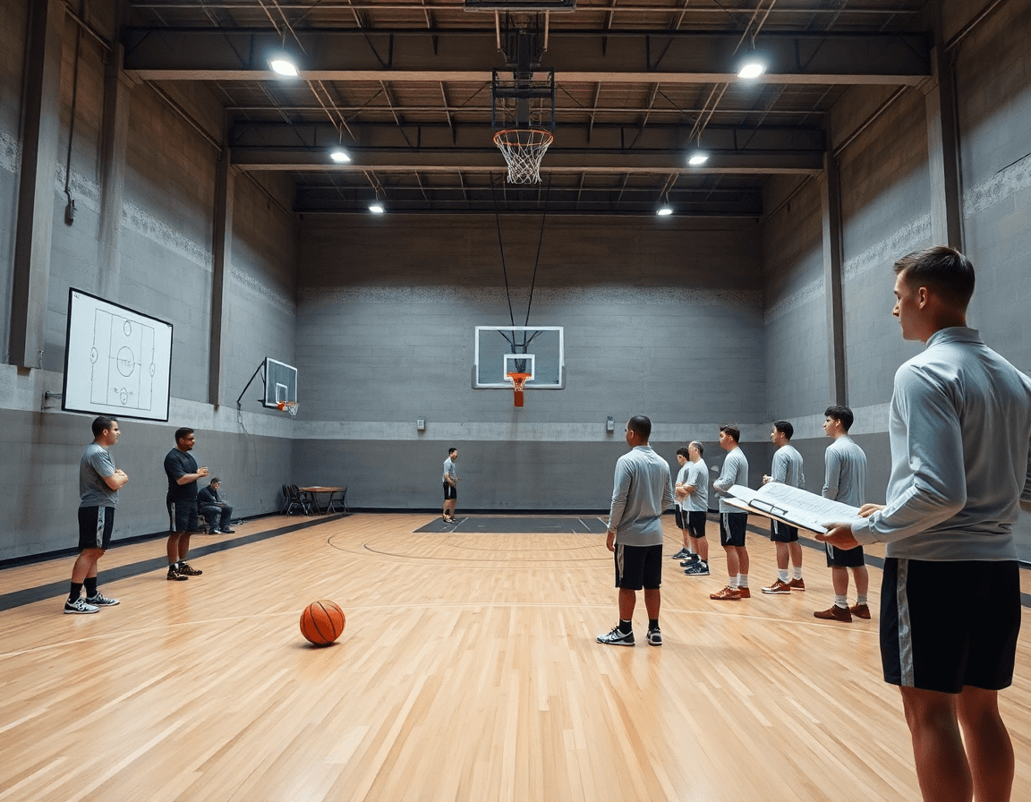 Wide basketball gym scene with coach and players building the game plan basketball.