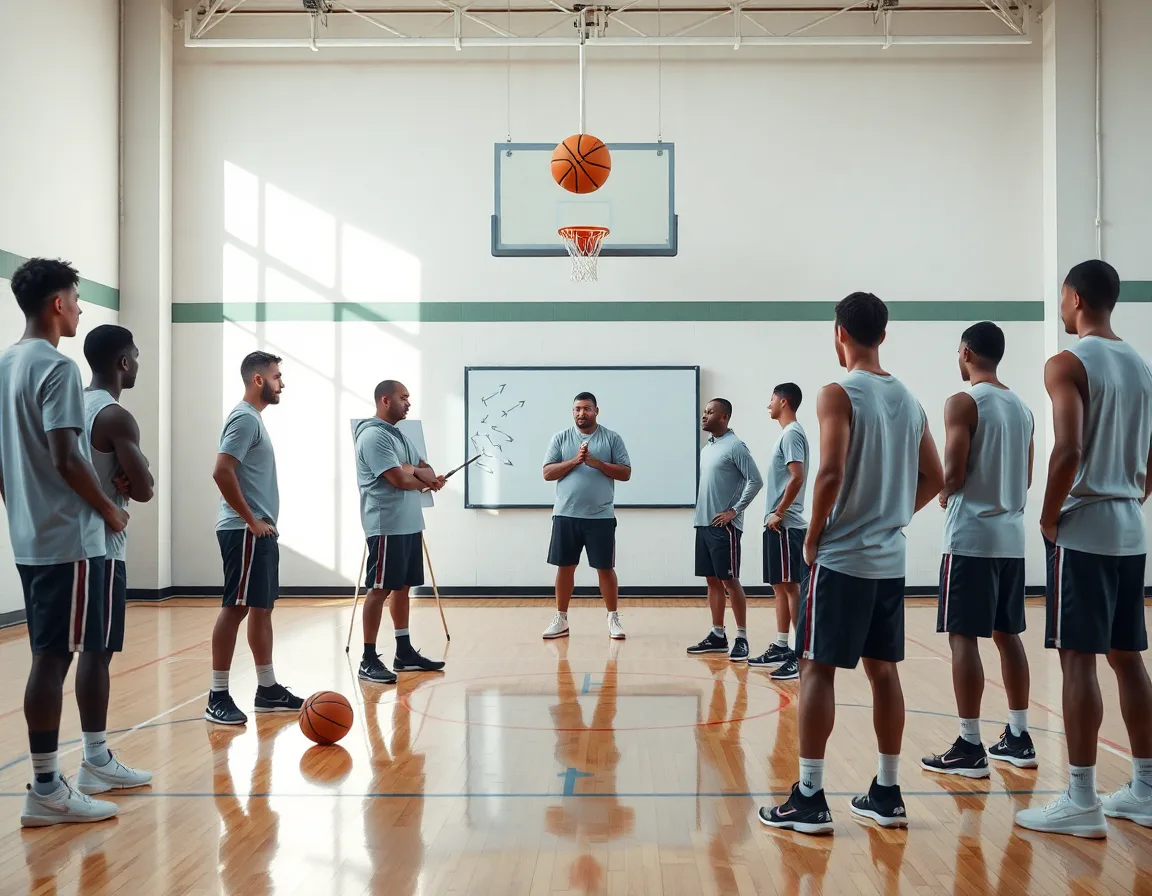 Help defense basketball drill in progress on a bright gym floor today.