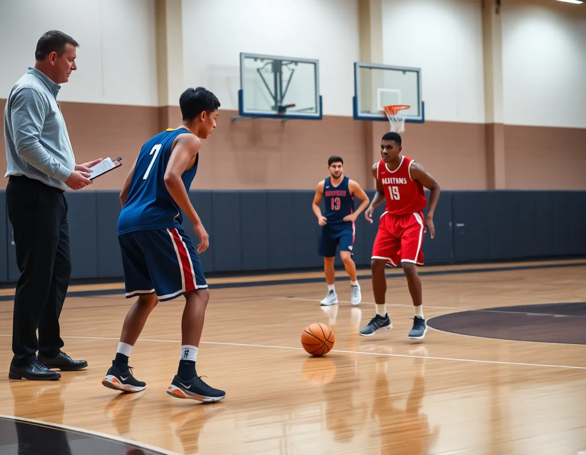 Help defense basketball drill with two players tightening rotations during practice on hardwood.
