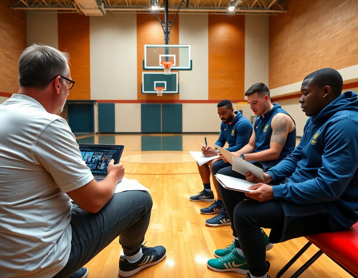 Help defense basketball planning with video and scouting notes in gym today.