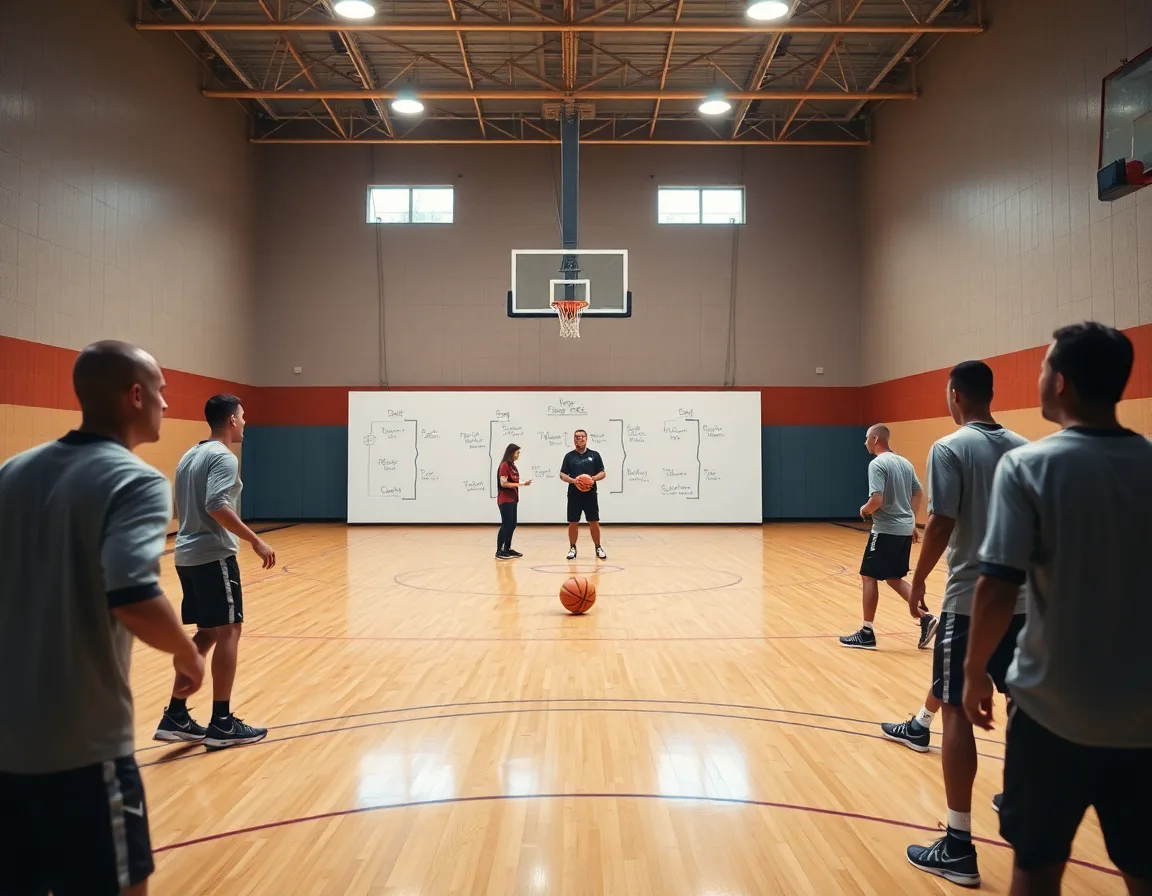 Help defense basketball coach guides a wide gym scene during intense practice.