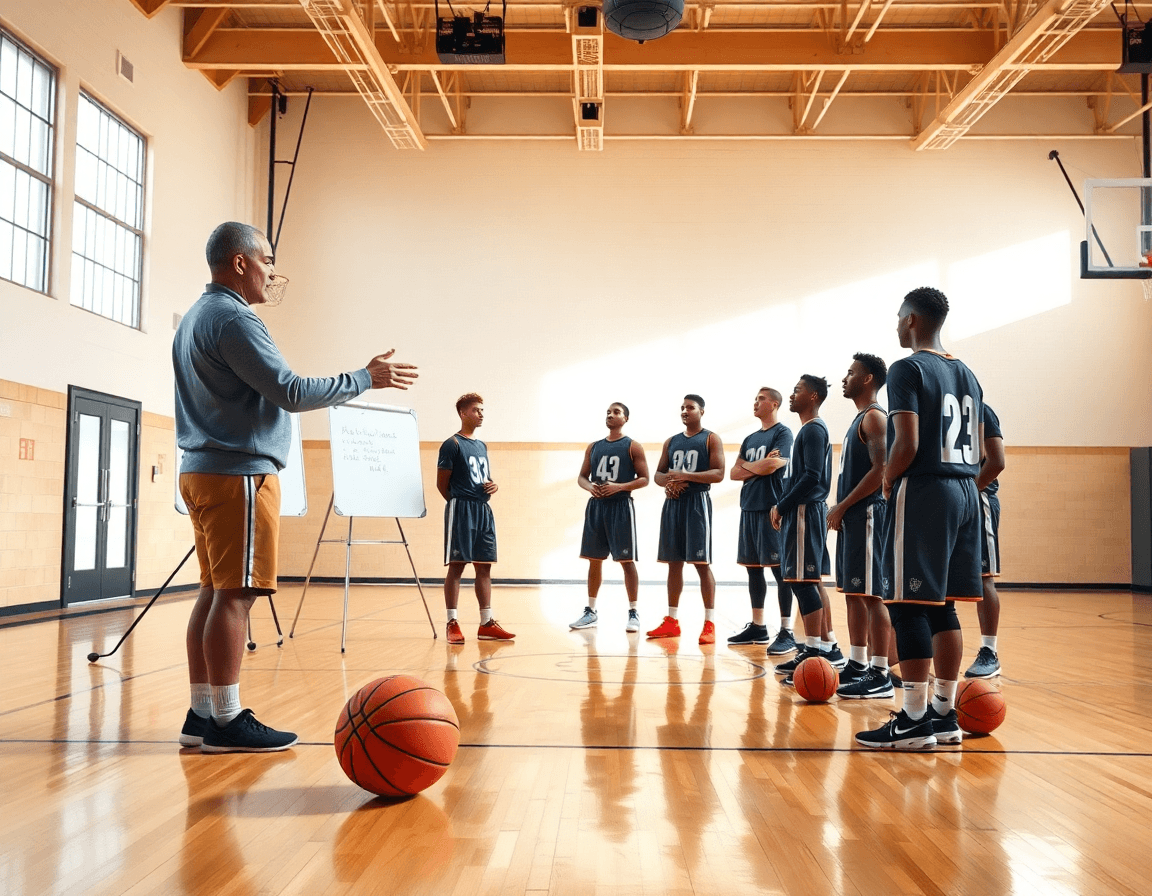 Coach explains high pick and roll offense principles on whiteboard for basketball players.