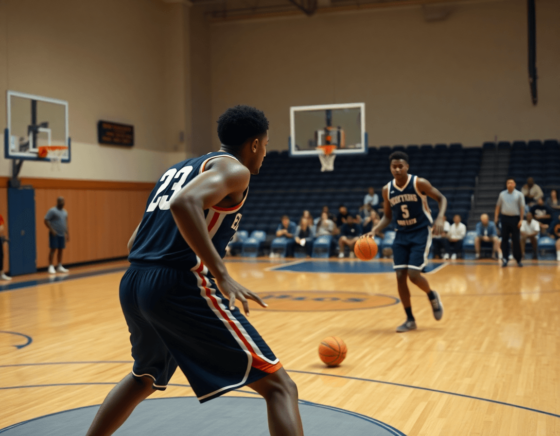Players practice reading defenses in a high pick and roll offense drill during basketball training.