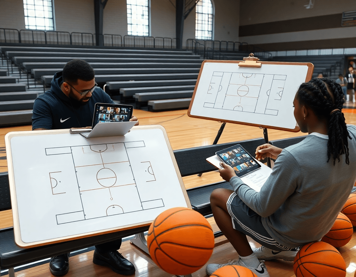 Coach reviews game footage and builds weekly high pick and roll offense plan for basketball players.