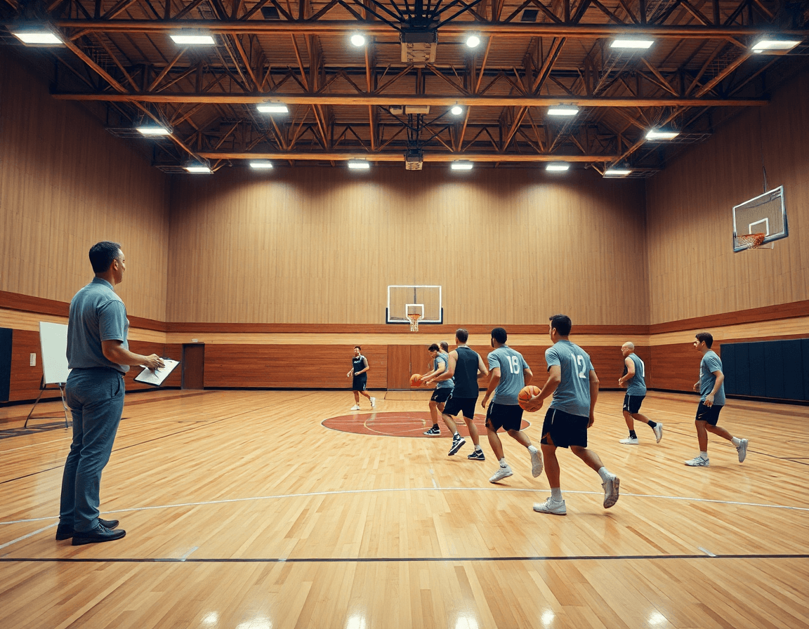 Wide basketball gym scene: coach explains high pick and roll offense to players during practice.