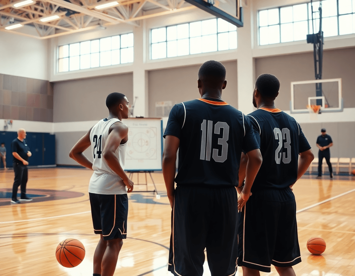 Coaching whiteboard session shows high post motion offense execution on the basketball court.