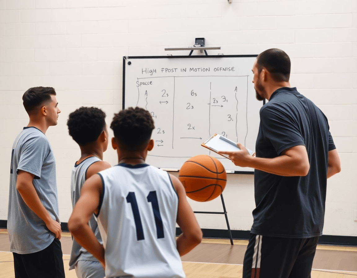 Coach explains high post motion offense on a whiteboard as players run spacing drills.